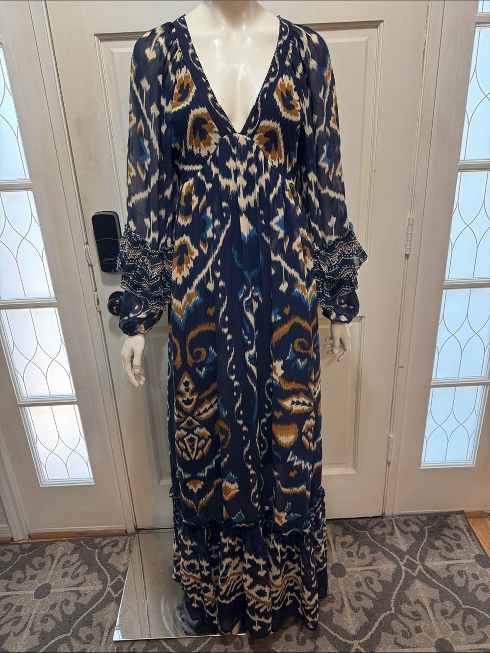 FARM Rio Pineapple Blue Ikat Maxi Dress Boho Long Sleeve Altered Length Small - Picture 3 of 16